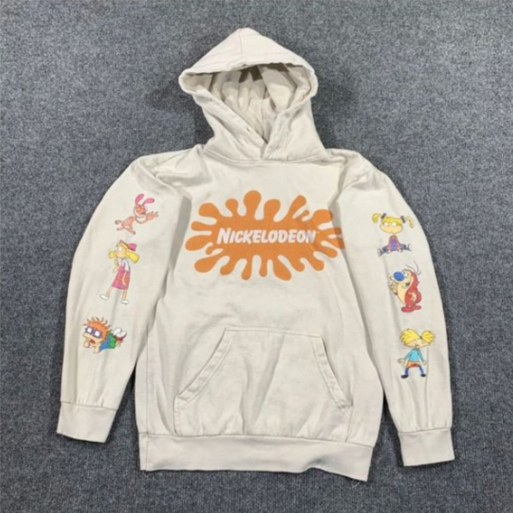 NICKELODEON Hoodie Beige Tan Hoodie Rugrats Graphics Sleeves Logo Size M